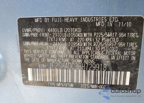 2011 Subaru Forester 2.5X Premium z USA, uszkodzony, nr VIN JF2SHADC3BH729918